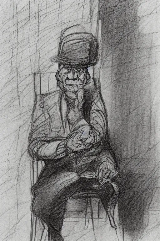 Prompt: an older man sitting alone drawn by raymond briggs, very coherent and colorful high contrast, pencil drawing, sad lighting, somber mood