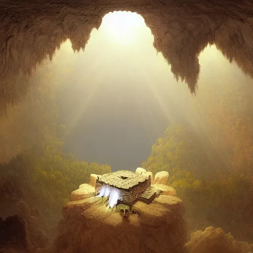 Prompt: overhead, a beam of light bursts into view from the clouds and pierces the center of a cavern altar through the earth itself :: ceiling artwork :: concept art simon spitzweg :: VR augmented reality spiritual cosmic breathtaking wonderful imagery:: scenic pose marvelous detail explicit ornate objects articulating scenic vision and depth of theme