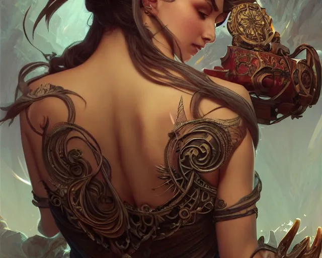 Image similar to back tattoo design, deep focus, d & d, fantasy, intricate, elegant, highly detailed, digital painting, artstation, concept art, matte, sharp focus, illustration, hearthstone, art by artgerm and greg rutkowski and alphonse mucha