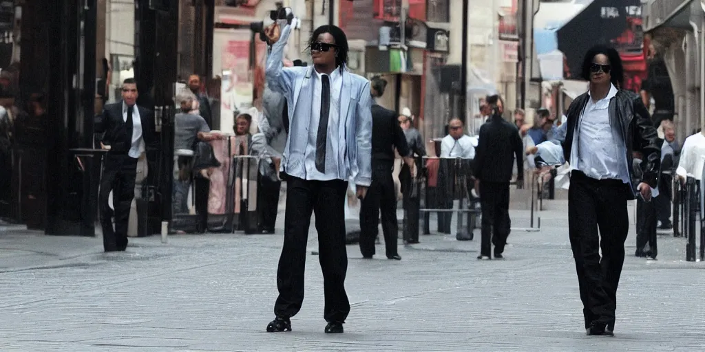 Prompt: michael jackson 2 0 0 9 wearing shades, alone, this is it style, photo real, motion blur, spotted with body guards in london across the road, walking, in the distane, by himself, real life, spotted, ultra realistic face, accurate, 4 k, movie still, uhd, sharp, detailed, cinematic, render, modern