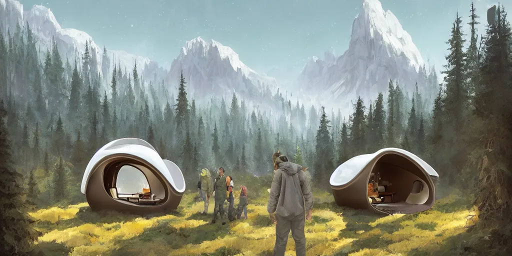 Image similar to cabela's beautiful comfortable futuristic pop up insulated all terrain family pod, cabin, modular, person in foreground, mountainous forested wilderness open fields, beautiful views, painterly concept art, joanna gaines, environmental concept art, farmhouse, magnolia, concept art illustration by ross tran, by james gurney, by craig mullins, by greg rutkowski trending on artstation
