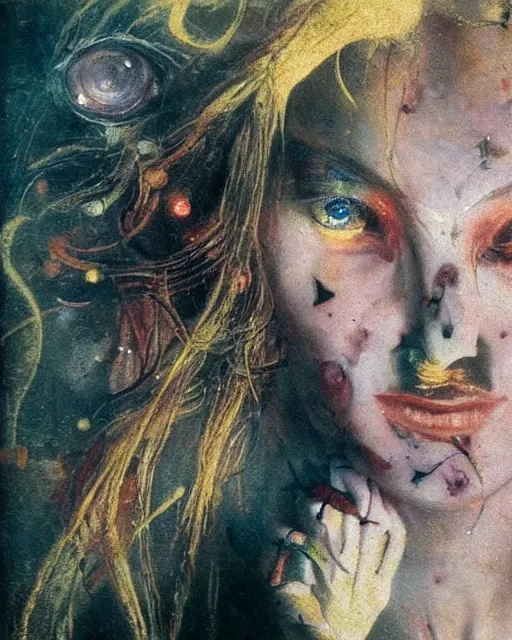 Prompt: a beautiful and eerie baroque painting of a gorgeous woman in dead space, with wild blonde hair and haunted eyes and freckles, 1 9 7 0 s, seventies, space station, neon light showing injuries, delicate ex embellishments, painterly, offset printing technique, inspired by hans bellmer