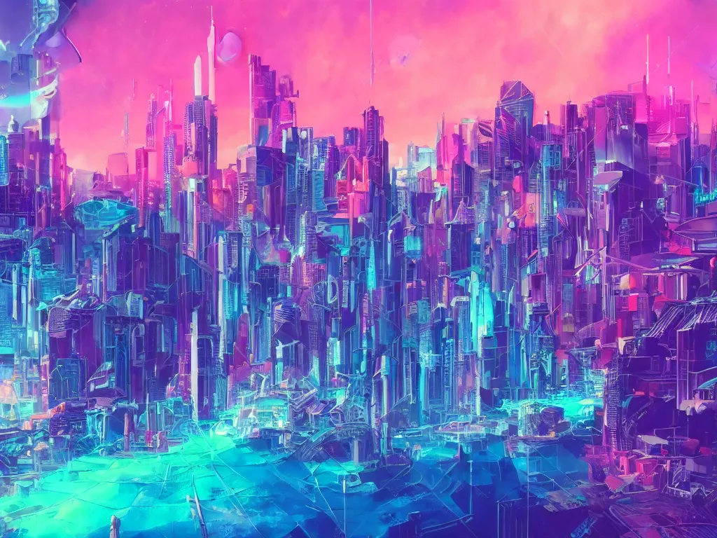Prompt: mystical colorful cyberpunk city with a clear blue lake in a clearing where an abstract nebula crystal sculpture is floating above it, powerful, ethereal, vaporwave
