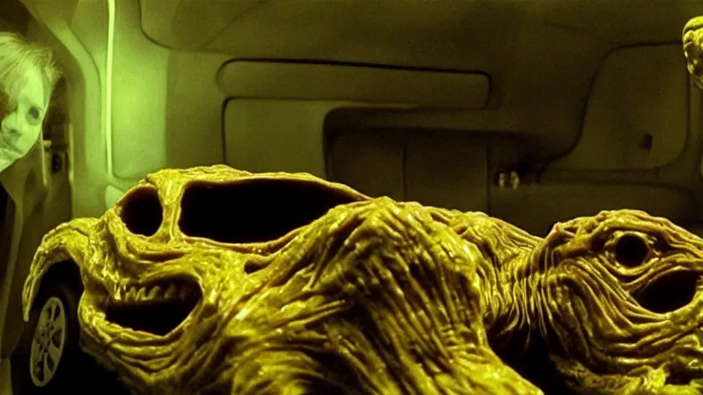 Image similar to the creature sits in a car, made of glowing wax, they look me in the eye, film still from the movie directed by Denis Villeneuve and David Cronenberg with art direction by Salvador Dalí, wide lens