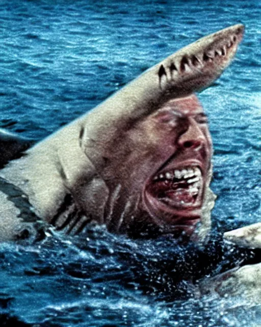 Image similar to film still close up shot of dwayne johnson wrestling with a shark in the movie jaws. photographic, photography