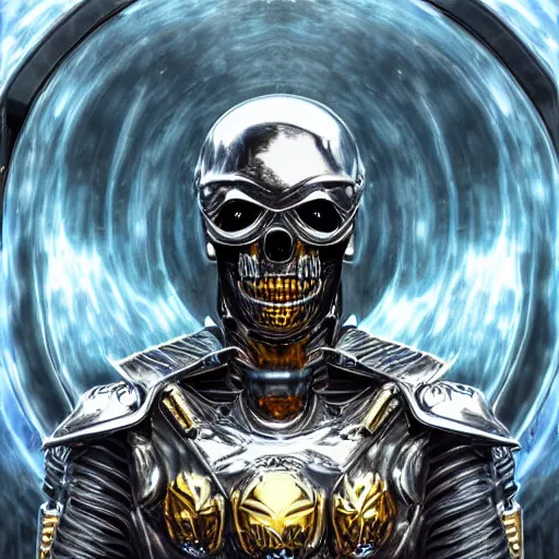 Image similar to high fantasy 1 9 8 0's wargame airbrushed artwork - inspired photo, a giant silver reflective chrome android wearing a mask shaped like an intricately carved beautiful human skull with glowing laser eyes, golden giant battle armor, inside a futuristic army base