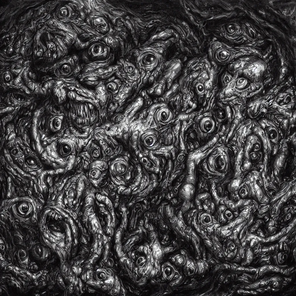 Image similar to a huge monster from dark oily gelatinous substance, with hundreds of faces just below the surface, covered in human eyes, ominous, dark lighting, barely visible from the shadows