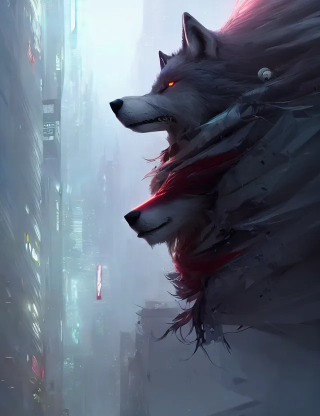 Image similar to beautiful dark gray anthropomorphic wolf with long red hair in a futuristic city. character design by cory loftis, fenghua zhong, ryohei hase, ismail inceoglu and ruan jia. artstation, volumetric light, detailed, photorealistic, fantasy, rendered in octane