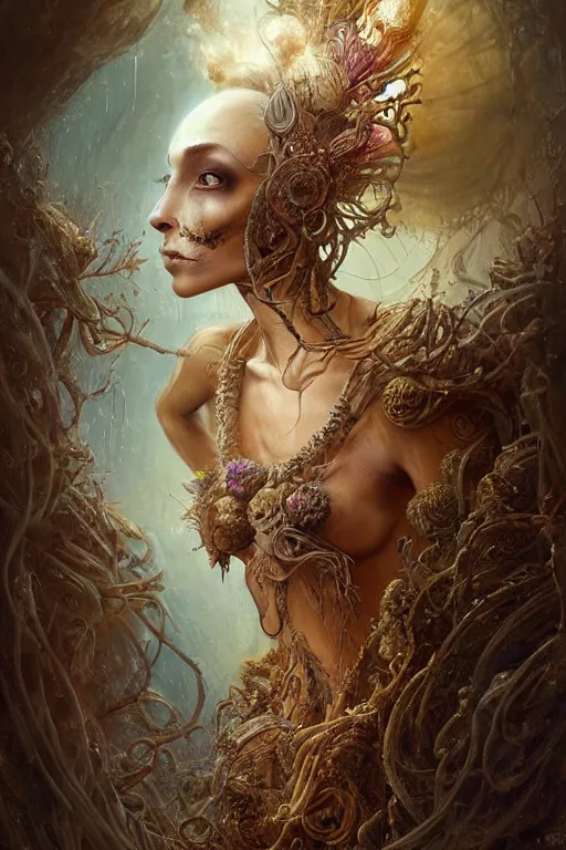 Image similar to alluring detailed cgi matte painting tanned female empress of the life and fertility, by ellen jewett, tomasz alen kopera and justin gerard | symmetrical, vivacious, realism, grunge, intricate, ornate, royally decorated, skull, skeleton, whirling smoke, glowing particles, colorful adornments, colorful torn fabric, radiant colors