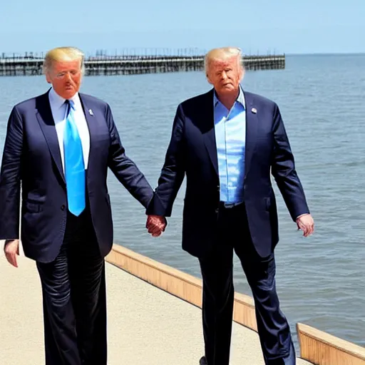 Prompt: candid photo of Donald Trump and Joe Biden secretly holding hands on the boardwalk