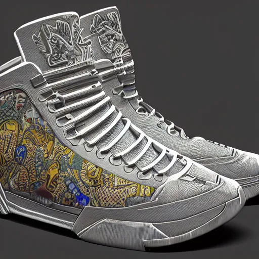 Image similar to extremely detailed realistic digital art render of a ciberpunk mayan sneakers by James Jean y craig mullins product shot view in studio render in unreal engine, ArtStation, CGSociety