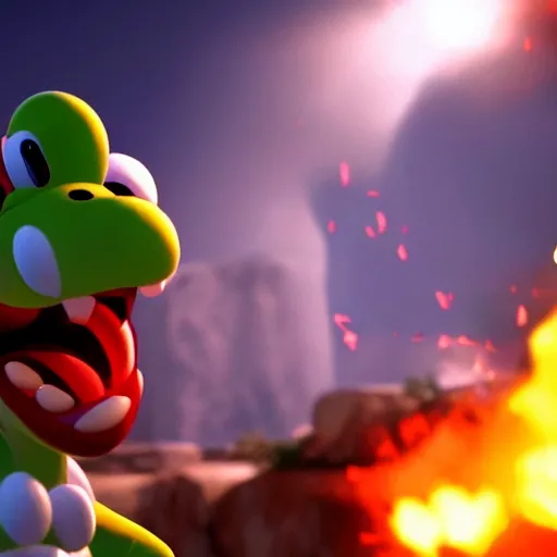 Prompt: Yoshi shooting a fireball from his mouth, unreal engine