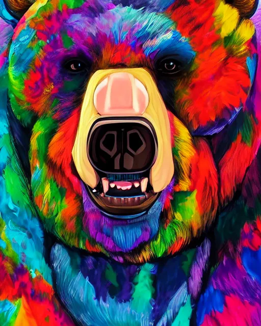 Image similar to a head and shoulder portrait of bear beast-man painted in the colorful and expressive style of Kotwdq, trending on Artstation 8k photorealistic