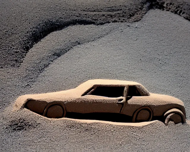 Image similar to sand sculpture of an old mustang car on a black sand beach