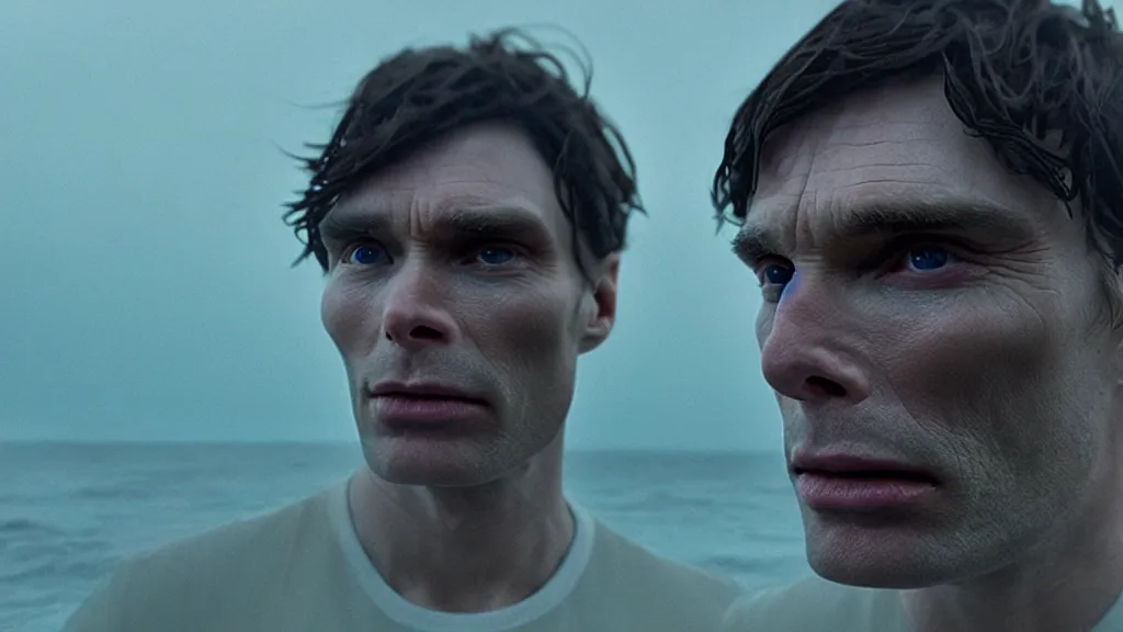 Image similar to close up photo of Cillian Murphy with 3 eyes, coming out of the ocean, extreme detailed face, film still from the movie directed by Denis Villeneuve with art direction by Zdzisław Beksiński, wide lens