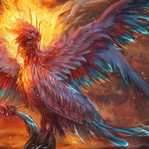 Image similar to beautiful still of the phoenix, the majestic mythical bird with the plumage of fire, beautiful intense light of fire, hyper detailed, photography, artstation