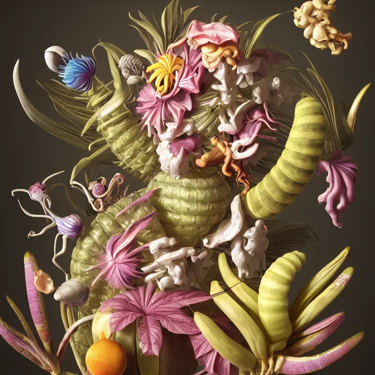 Image similar to still life of surreal alien pastel tropical flowers, surreal alien ribbed tropical fruit, white human spine, baroque painting, beautiful detailed intricate insanely detailed octane render, 8K artistic photography, photorealistic, chiaroscuro, Raphael, Caravaggio