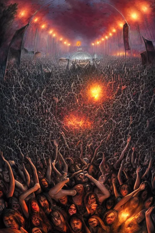 Prompt: a death metal band playing on woodstock, mosh pit, wide angle, super highly detailed, professional digital painting, artstation, concept art, smooth, sharp focus, no blur, no dof, extreme illustration, Unreal Engine 5, Photorealism, HD quality, 8k resolution, cinema 4d, 3D, beautiful, cinematic, art by artgerm and greg rutkowski and alphonse mucha and loish and WLOP