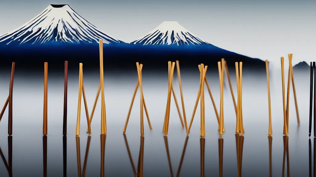 Image similar to a variety of handmade wooden chopsticks, avant - garde design, at the edge of yamanaka lake reflecting mount fuji overcast sky, a collage painting, in the style of wes anderson, lola dupre, david hockney, isolated on negative white space background dark monochrome neon spraypaint accents volumetric octane render