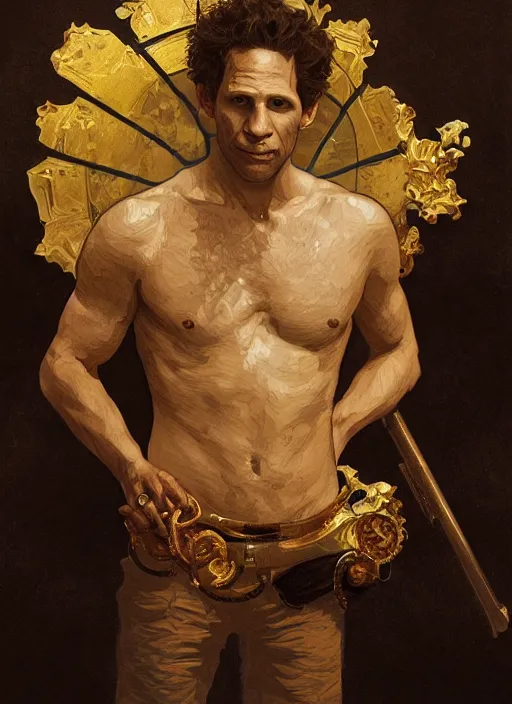 Image similar to Glenn Howerton as the Golden God, intricate, highly detailed, digital painting, artstation, concept art, sharp focus, illustration, art by greg rutkowski and alphonse mucha