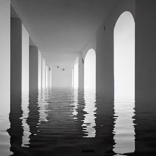 Prompt: flooded all white room, dim lights, surreal, liminal space,