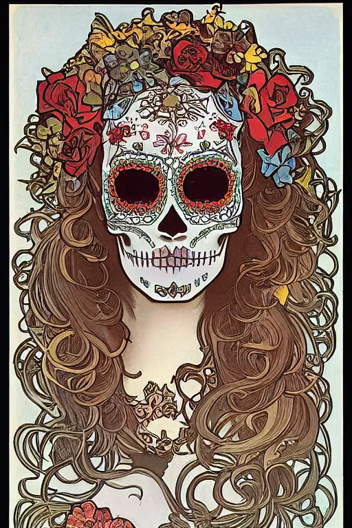 Image similar to Illustration of a sugar skull day of the dead girl, art by alphonse mucha