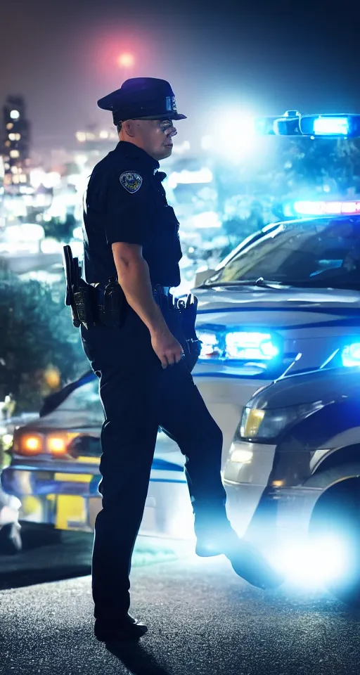 Image similar to man getting arrested by police, police car in background with bright police sirens, lens glare, dramatic lighting, cinematic, establishing shot, extremely high detail, photo - realistic, cinematic lighting