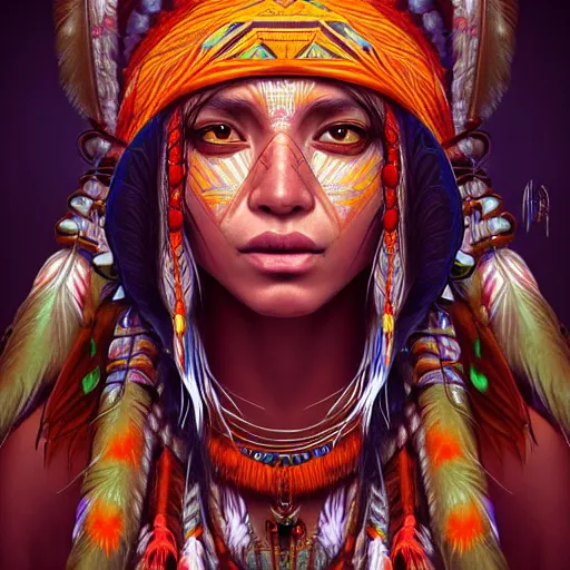 Prompt: : native female shaman, fantasy magic, femine energy, intricate, sharp focus, illustration, highly detailed, digital painting, concept art, matte, jahbu art, taino, cosmic, cosmos