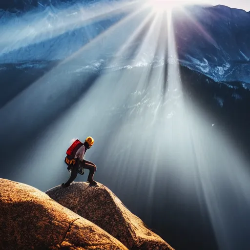 Image similar to a man climbing up a rocky mountain, no ropes, highly cinematic, dramatic, beautiful lighting, god rays, award winning photograph, national geographic, highly detailed, 4k