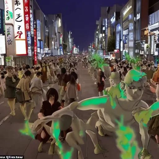 Prompt: everyone on the streets of japan suddenly turned into stone statues, the situation was eerie and silent dr. stone film footage, with green light effect from above