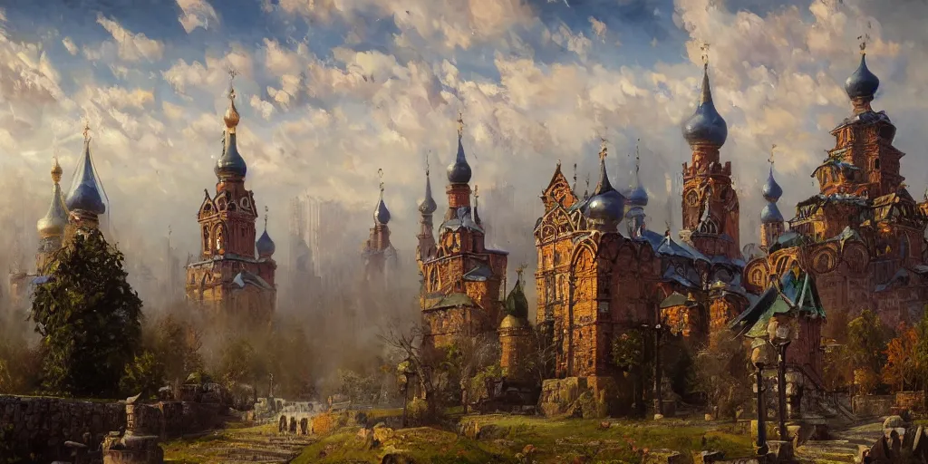 Image similar to beautiful magical ancient Slavic city of Kitezh, magic mist, oil painting, painting by Viktor Vasnetsov, concept art, fantasy cityscape, ancient Russian architecture, painting by Ivan Shishkin, hyperborea, high resolution, trending on artstation,