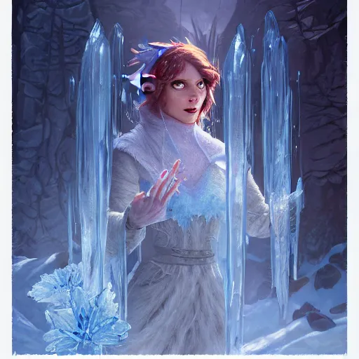 Image similar to dan mumford paint, a fantasy elf woman trapped and frozen trying to get out of a block of clear ice, with frozen flowers around her, treding artstation, greg rutkowski