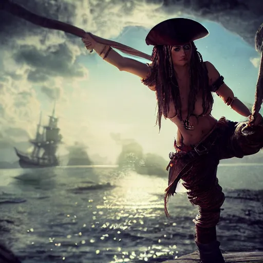 Image similar to full body pose, hyperrealistic photograph of a pirate woman, dim volumetric lighting, 8 k, octane beautifully detailed render, extremely hyper detailed, intricate, epic composition, cinematic lighting, masterpiece, trending on artstation, very very detailed, stunning, hdr, smooth, sharp focus, high resolution, award, winning photo, dslr, 5 0 mm