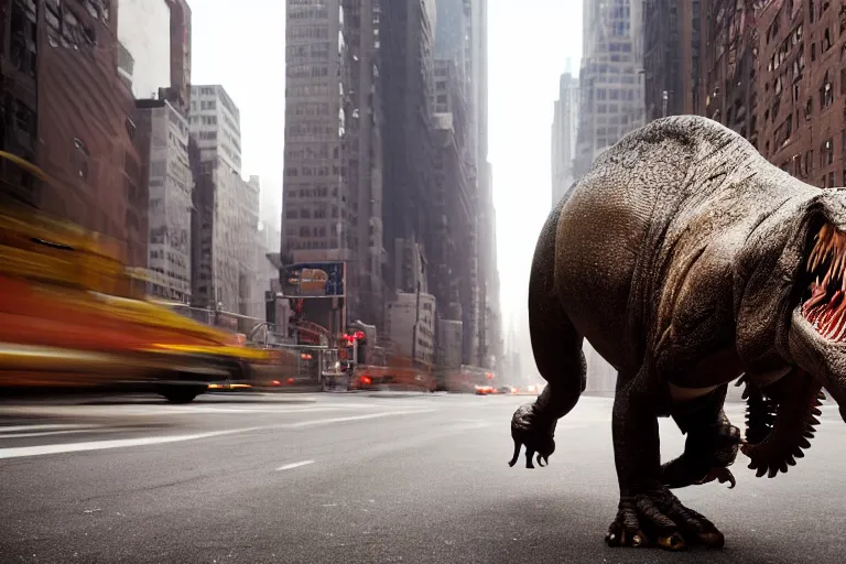 Prompt: close up portrait of a tyrannosaurus walking in a smoky street of new york, photograph, natural light, sharp, detailed face, magazine, press, photo, steve mccurry, david lazar, canon, nikon, focus