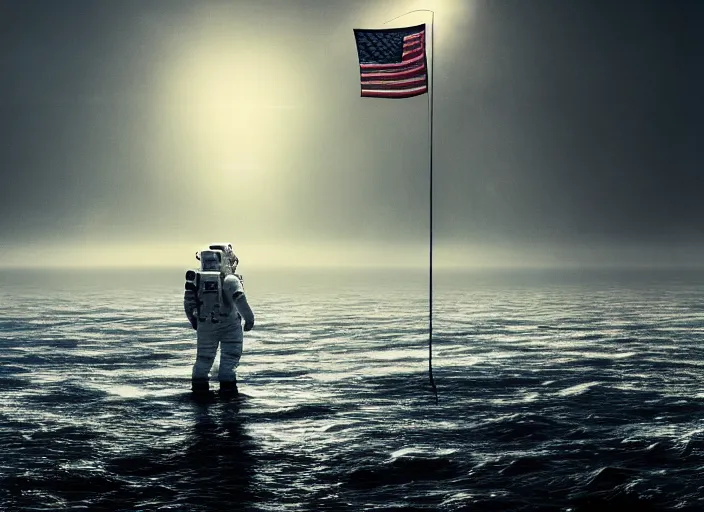 Image similar to astronaut holding a flag in an underwater desert. a submarine is visible in the distance. dark, concept art, cinematic, dramatic, atmospheric, 8 k, trending on artstation, blue, low visibility, fog, ocean floor, christopher nolan, interstellar