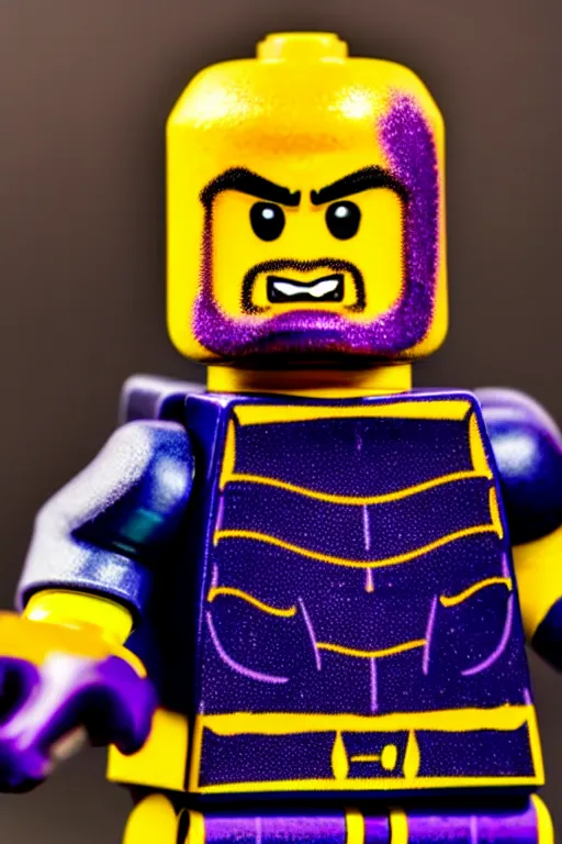 Prompt: closeup studio photograph of a thanos lego mini figurine, depth of field, 5 0 mm, 8 k, soft vignette