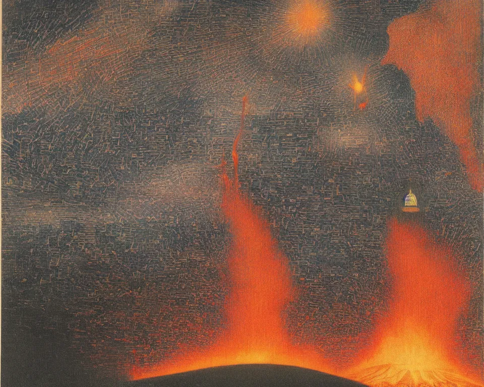 Prompt: a massive space ship flying over Manhattan, heading towards an erupting volcano. intricate, vibrant, Raphael, Hasui Kwase, Rene Margritte, John Martin.