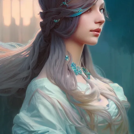 Prompt: beautiful girl with long turqoise hair, cute, intricate, highly detailed, digital painting, trending on artstation, concept art, smooth, sharp focus, illustration, unreal engine 5, 8 k, art by artgerm and greg rutkowski and alphonse mucha