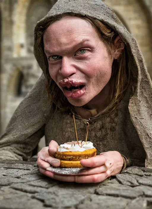 Image similar to closeup portrait of a medieval goblin eating cakes in the cloisters, depth of field, zeiss lens, detailed, symmetrical, centered, fashion photoshoot, by Annie Leibovitz and Steve McCurry, David Lazar, Jimmy Nelsson, Breathtaking, 8k resolution, extremely detailed, beautiful, establishing shot, artistic, hyperrealistic, beautiful face, octane render