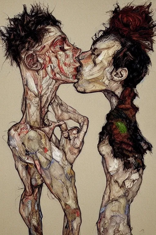 Prompt: two kissing characters in style of herakut and egon schiele, masterpiece, centered, hyperdetailed, complex, intricate, veiled, 4 k, dynamic!! trending on artstation,