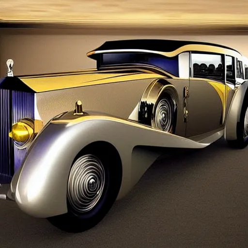 Prompt: art deco rolls royce ultra futuristic car, style of erte, mother - of - pearl and gold, aerodynamic!!!!!!!