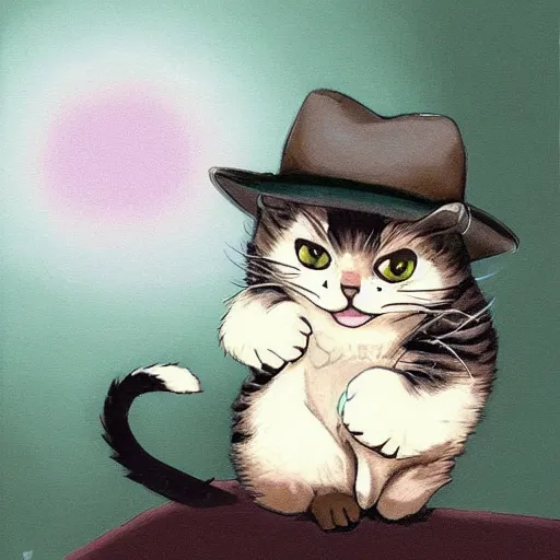 Image similar to art by studio ghibli of a baby kitten wearing a cowboyhat hugging a cat