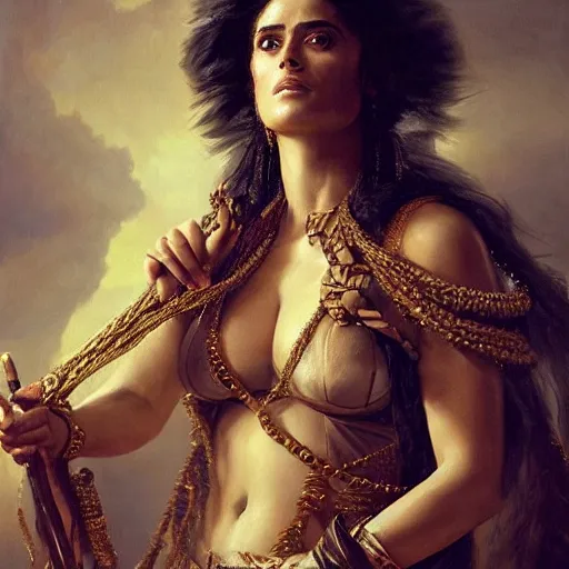 Image similar to the portrait of salma hayek as amazon in intricate dress by roberto ferri, fantasy, witcher, very detailed oil painting, masterpiece, 8 k