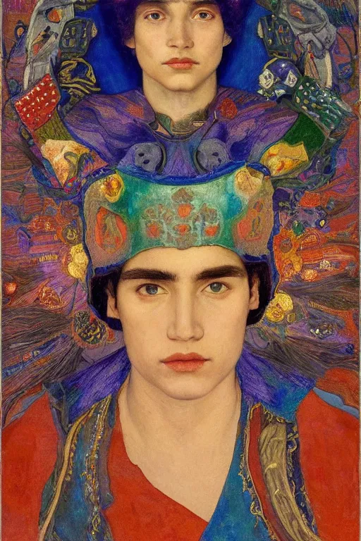 Image similar to prince of dawn with stars in his hair, by Annie Swynnerton, and Nicholas Roerich and Tino Rodriguez and Diego Rivera , elaborate headdress and embroidered velvet, iridescent beetles, rich color, dramatic cinematic lighting, extremely detailed