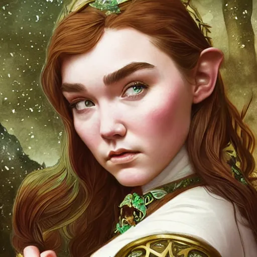 Image similar to Florence Pugh as a elf archer, cute, fantasy, intricate, elegant, highly detailed, centered, digital painting, artstation, concept art, smooth, sharp focus, illustration, art by artgerm and H R Giger and alphonse mucha