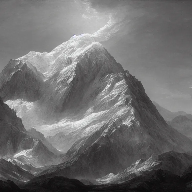 Prompt: huge mountain ascending into the sky tall mountain alps in the style of Ansel Adams, Thomas Cole and Gustave dore