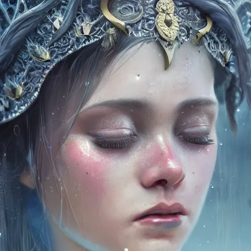 Prompt: medium close up of princess crying, tears down face, intricate clothing, fantasy, headpiece, digital illustration, hyperealisism, octane renderer, artstation trending, warm cinematic moody lighting, reflections, particles, style of dropdeadcoheed, tom bagshaw, wlop, jeremy lipkin, artgerm, astor alexander - n 4