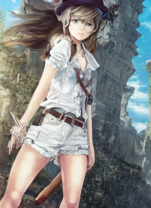 Image similar to a portrait of catgirl wearing white vest, and denim shorts an ultrafine detailed painting, detailed painting, detailed eyes!!, final fantasy, octopath traveler