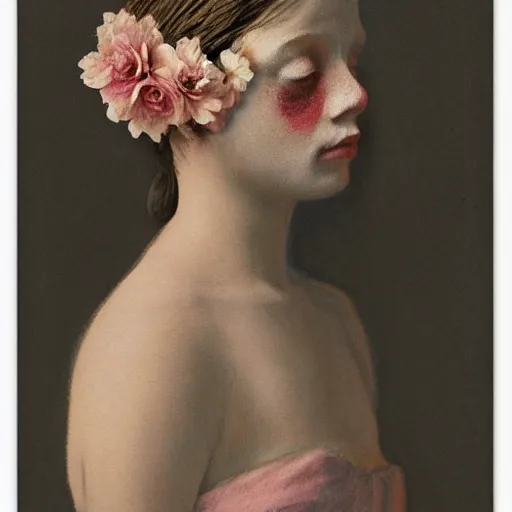 Prompt: close up of a beautiful girl morphing into a pattern of flowers, dirt watercolor by gottfried helnwein, by hammershøi, art noveau, highly detailed, lights by edward hopper, liminal, eerie, pastel colors, limited palette