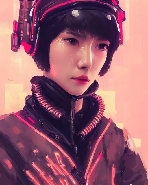 Image similar to detailed portrait Neon guard girl with short brown hair, cyberpunk futuristic, reflective puffer jacket, black leggings, decorated with traditional Japanese ornaments by Ismail inceoglu dragan bibin hans thoma, Perfect face, fine details, realistic shaded, fine-face, pretty face